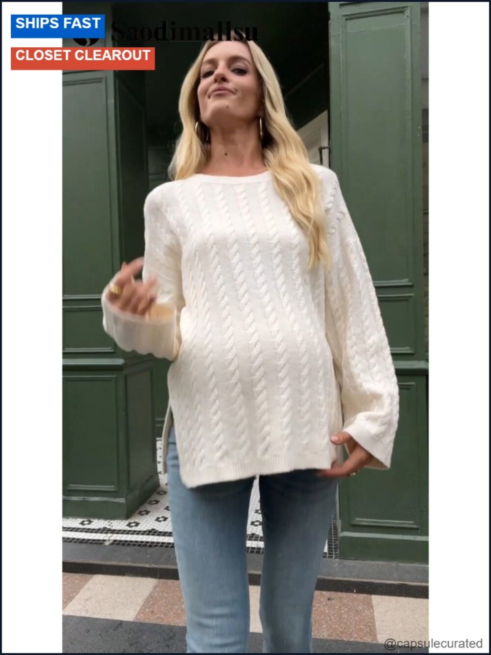 Maternity Cable Knit Sweater Loose Fit Crewneck Long Sleeve Side Slit Fall - Picture 6 of 6